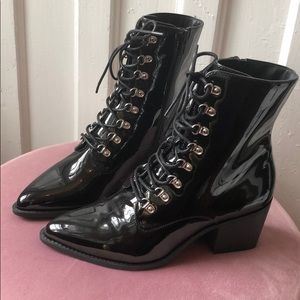 Faux patent leather lace up booties